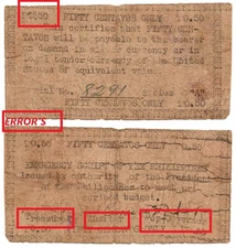 1943 Philippine Province of Apayao Currency 50c S123 Only 8,9k Multiple ERRORS