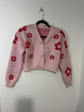 ROMWE Floral Knit Cardigan Sweater Pink Button V-Neck Long Sleeve M