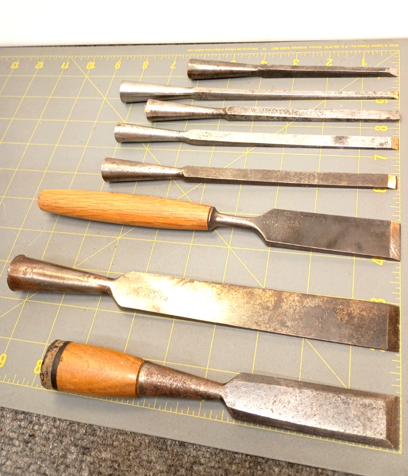 A genuine barn-find set of antique chisels from Kentucky — mismatched, marked, and full of the kind of character no modern tool will ever have.