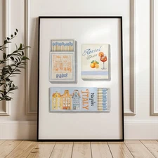 Vintage Matchbox Print – Blue Aesthetic Wall Art for Apartment & Bar Cart