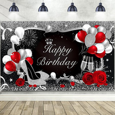 Red Happy Birthday Backdrop Party Black Silver Glitter Banner