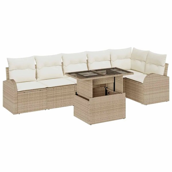 Gartensofa-Set 7-Teilig Mit Speicherkissen Poly Rattan Beige-image
