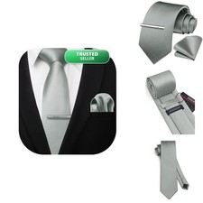 HISDERN Mens Grey Tie Set Satin Silk Necktie Pocket Square