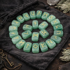 Green Aventurine Rune Stones Set 25 Engraved Gemstone Runes Natural Crystal
