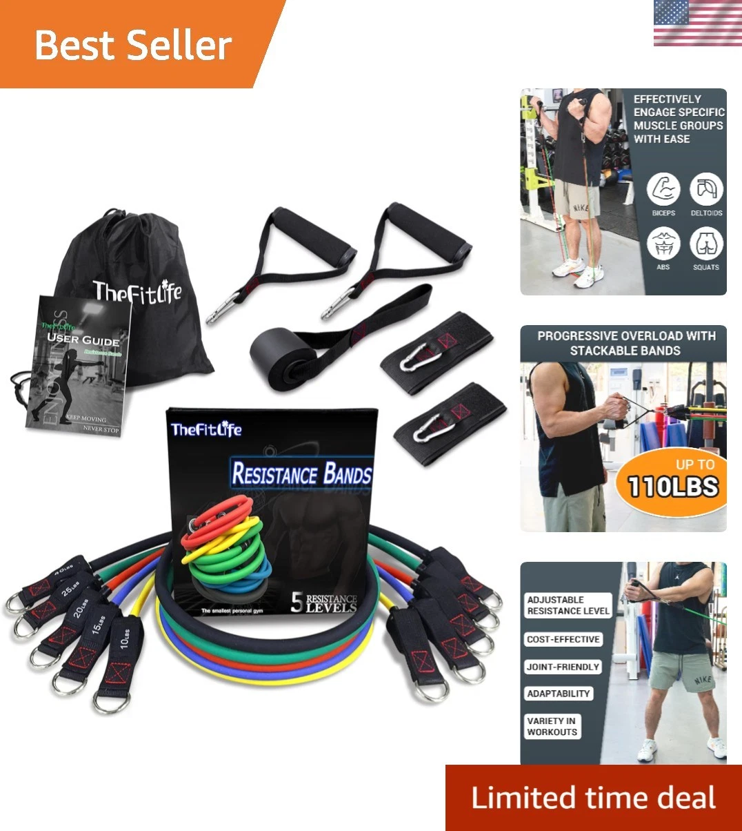 Resistance Bands Exercise Workout Tubes - Large Handles, Ankle Straps, Door A...