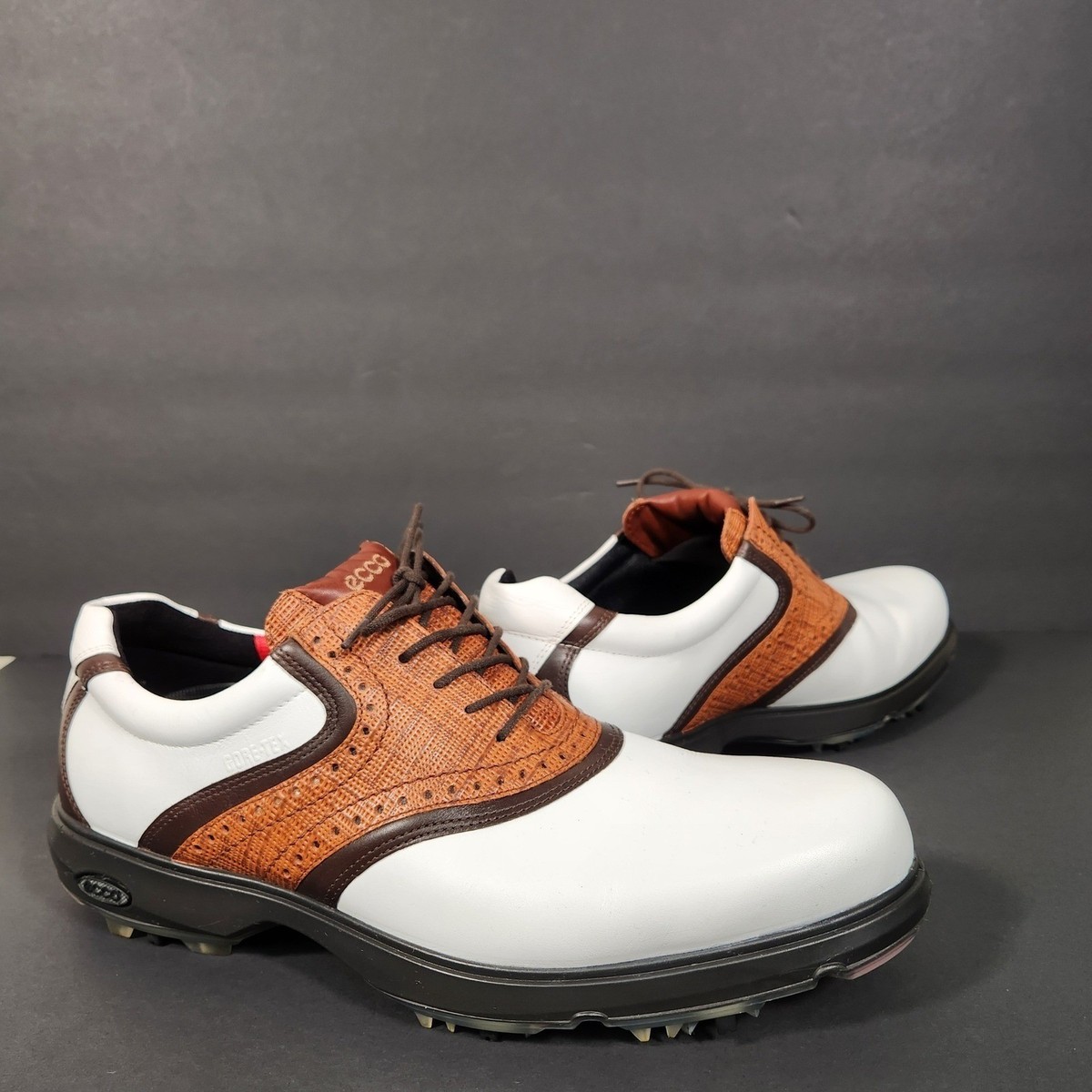 ECCO Golf Shoes Mens 11-11.5 White Brown Gore-Tex Leather Spiked