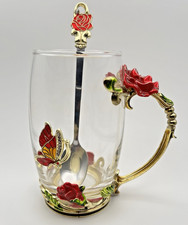 Rose Glass Tea Mug Spoon Set Enamel Butterfly...
