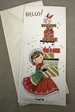 UNUSED Vintage Mid Century Christmas Card Girl With Gifts Kitschy Made in USA