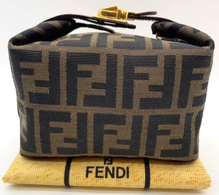 Auth Fendi Zucca Brown Canvas Leather Handle Vanity Bag W/D NS060041