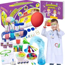 UNGLINGA 30 Experiments Science Kit for Kids with Lab Coat, Chemistry Set STEM T