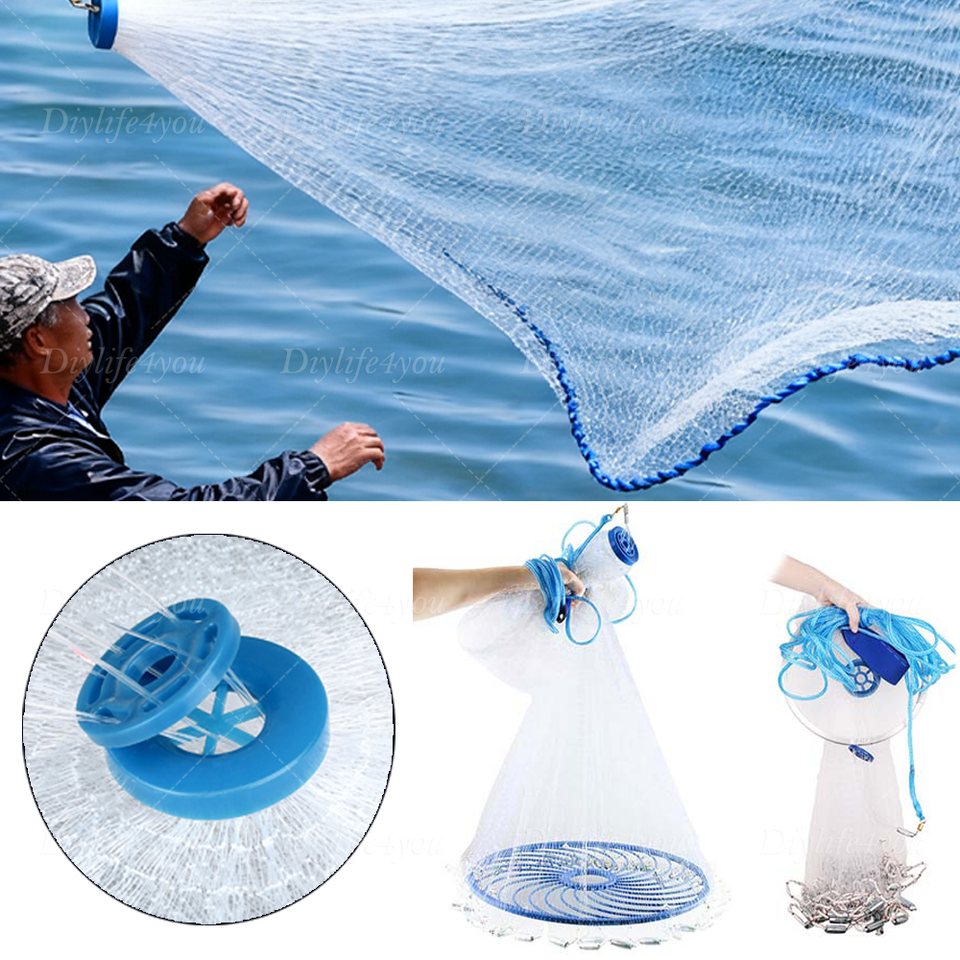 6/8/10/12/16FT Fishing Cast Net Bait Easy Throw Hand Cast Strong Nylon ...