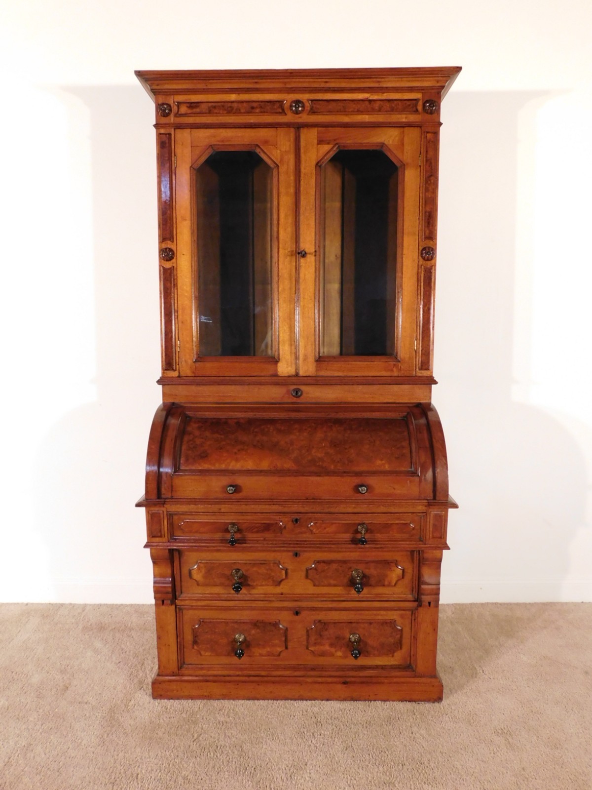 ANTIQUE 1880s Victorian Eastlake Burled Walnut Cylinder Secretary Bookcase Desk