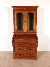 ANTIQUE 1880s Victorian Eastlake Burled Walnut Cylinder Secretary Bookcase Desk