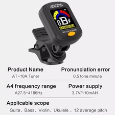 Aroma Rechargeable Guitar Tuner Clip on for Guitar, Violin, Ukulele, Bass, Ma...