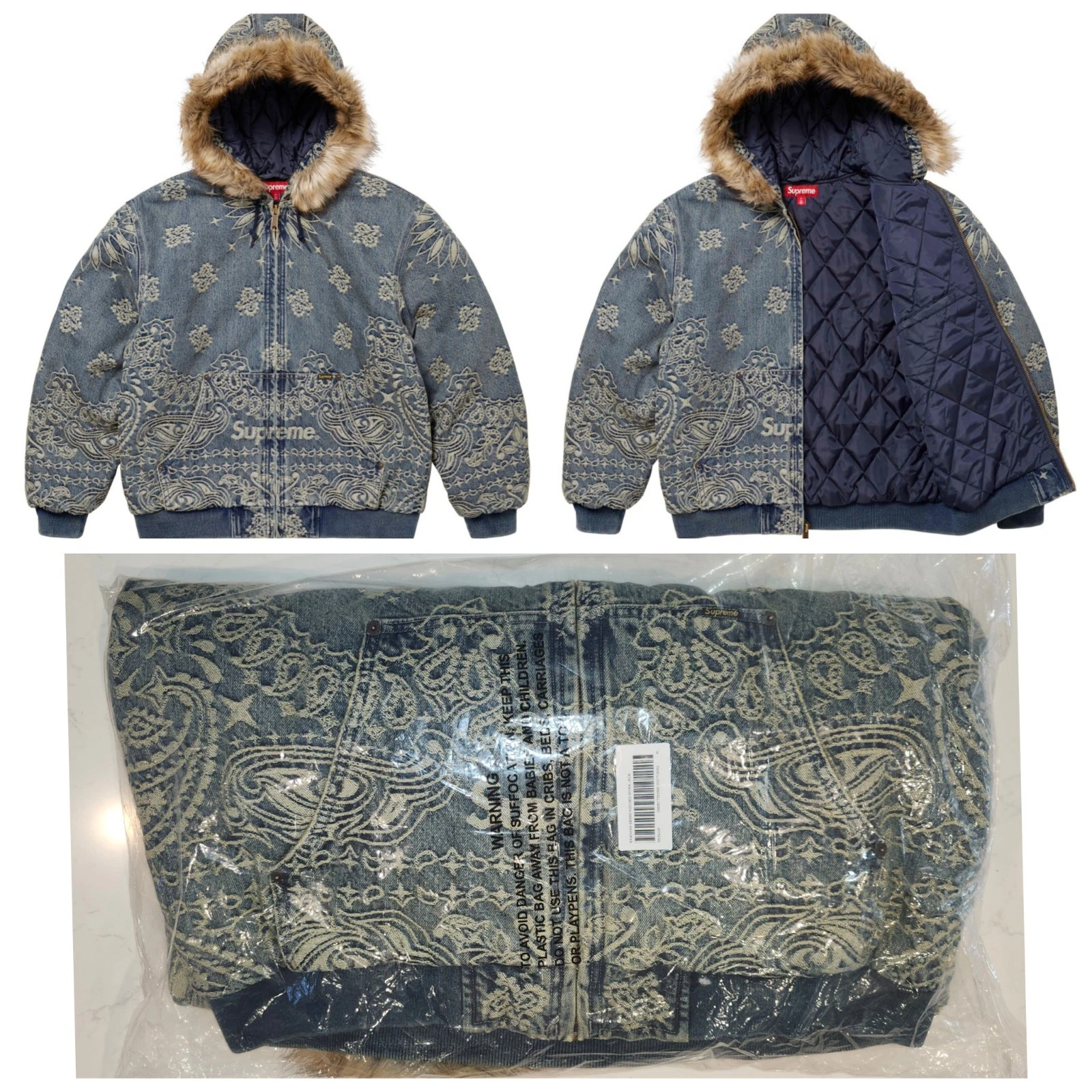 Veste de travail à capuche Supreme SS25 Bandana Jacquard Denim bleu extra large XL neuve 