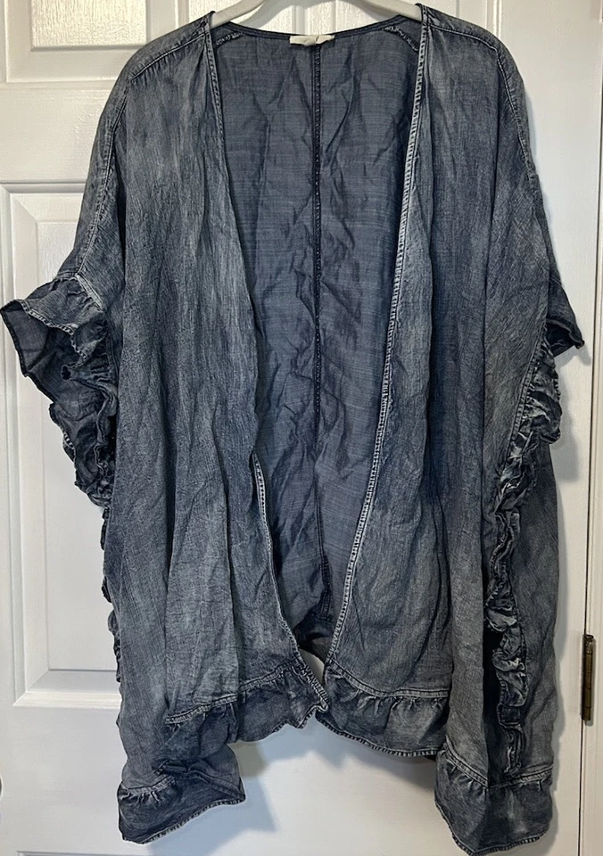 Easel Chambray Denim Blue Ruffle Kimono Open Cardigan Duster Jacket Size Large - Image 2 of 4