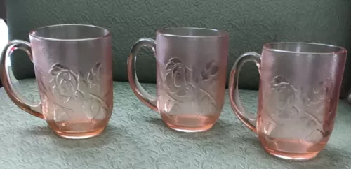 Set of 3 Vintage Arcoroc France Rosaline Pink Glass Rose Floral Coffee Cups Mugs