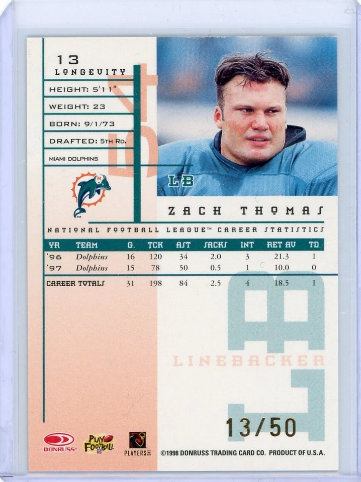 1998 Leaf Rookies and Stars Football Longevity #13 Zach Thomas No 13 of 50 - Image 2 of 2