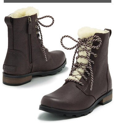 Sorel Womens Emelie Short Lace Cozy Waterproof Leather Boot Blackened Brown US 8