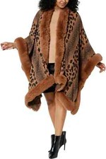 Kathy Ireland Fashion 360 Safari Skies Faux Fur Trim Cape Brown Combo Missy O/S