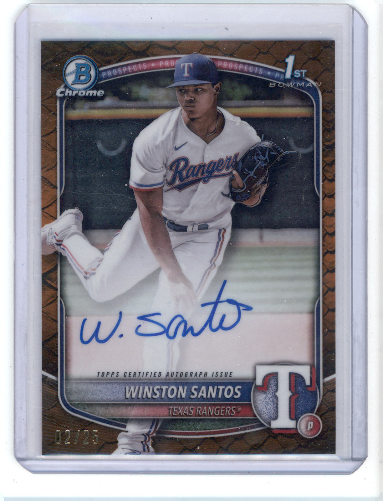 2025 TOPPS BOWMAN CHROME #CPA-WS WINSTON SANTOS ORANGE REPTILIAN AUTO /25