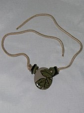 Handmade Ceramic Oval Leaf Bead Cord Adjustable Necklace Brown Green Natural