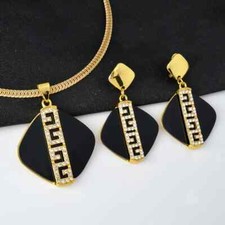 NEW WOMEN'S GREEK KEY ITALIAN NECKLACE & EARRING SET YELLOW GOLD BLACK BEAUTY