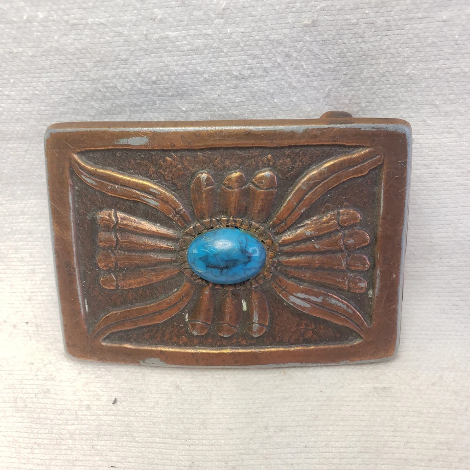 Hebilla de cinturón de cobre navajo nativo americano tradicional vintage con piedra turquesa Foto 2 de 4