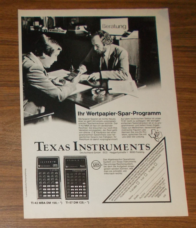 Seltene Werbung TEXAS INSTRUMENTS TI-42 MBA TI-57 Taschenrechner 1978 - Bild 1 von 1