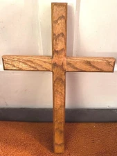 HANDCRAFTED c 80's BUTCHER BLOCK SOLID OAK CHRISTIAN WALL CROSS-17.5" TALL-EUC