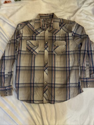 Vintage Wrangler Wrancher Western Shirt Mens XL Plaid Pearl Snap Silver Threads