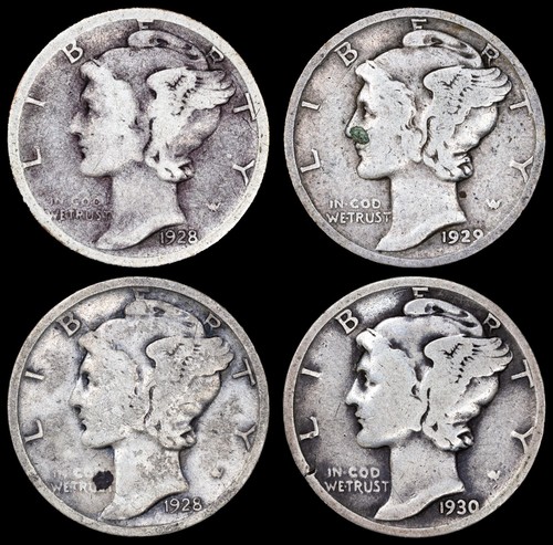 LOT Mercury Dimes 1928 1928-S 1929 1930 90% Silver US 10c Coins