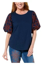 DG2 by Diane Gilman Women's Embroidered Eyelet Puff Sleeve Tee Navy