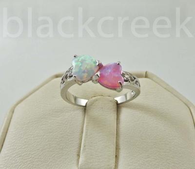 925 Sterling Silver / White / Pink / Two Hearts / Opal~Size 4/5/6/7/8/9/10/11/12