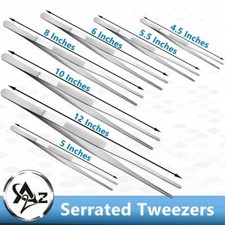 Silver Stainless Steel Long Food Tongs Straight Tweezers Kitchen Serrated Tips