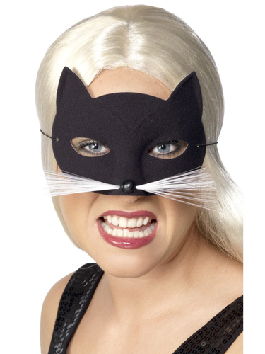 Cat Eyemask Black Whiskers Masquerade Halloween Womens Fancy Dress New
