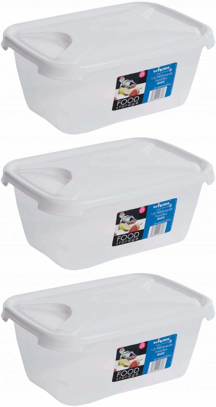 3x Wham Cuisine Square Food Storage Container with White Lid 1.2L - Clear
