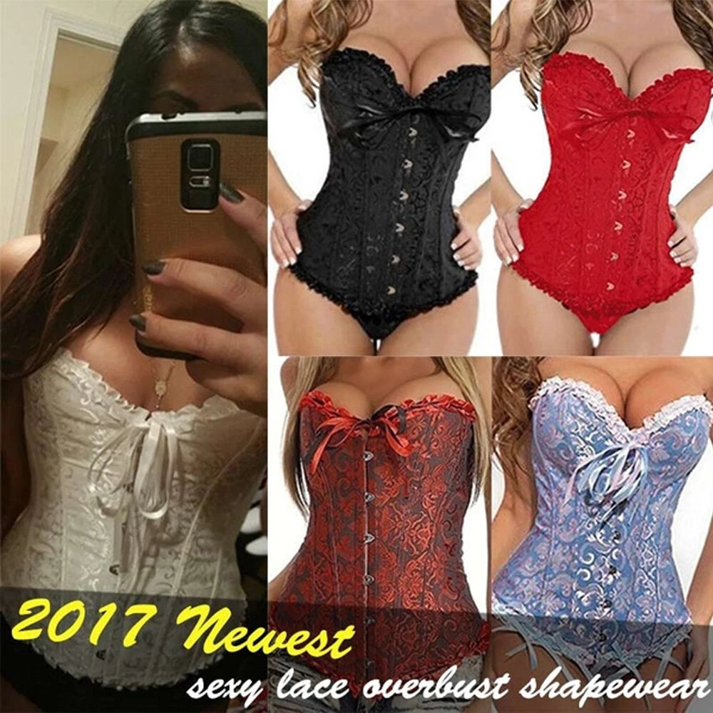 Women Lace Up Boned Bustier Corset Overbust Burlesque Top Waist Trainer  Lingerie