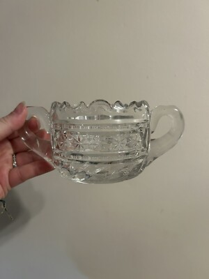 Vintage Cut Crystal Open Sugar Bowl Double Handled Sawtooth Daisy Bottom Flowers