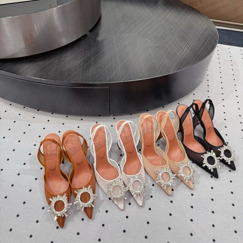 Amina Muaddi Rhinestones Sunflower Glass Sandals, Bow Mesh Pointed Wedding Heels - Picture 15 of 32