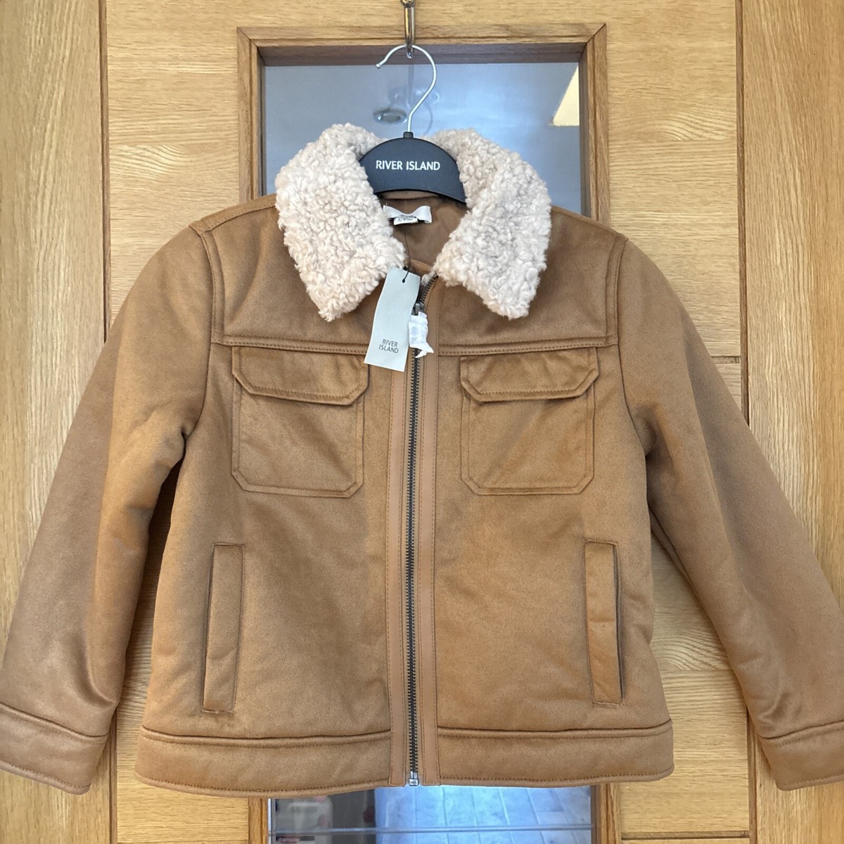 Aviator Coat River Island Fleece Jacket Brown Borg Collared