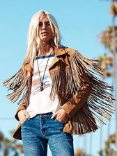 Women's Vintage Suede Jacket Native Language American Fringe Leather Coat