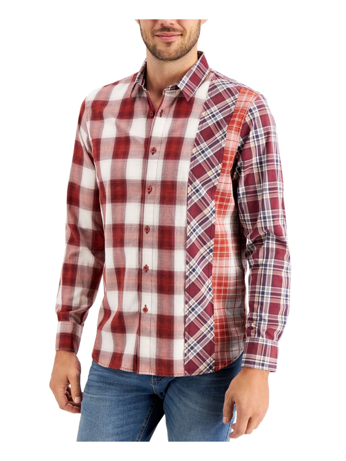 Мужская хлопчатобумажная рубашка SUN STONE в красную клетку с длинным рукавом и остроконечным воротником на пуговицах S