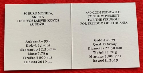 Lithuania 50 euro 2019 "Movement for Struggle for Freedom" AU Gold coin PROOF - Picture 5 of 6
