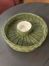 Vintage Green Wicker/Rattan Chip and Dip Serving Tray Basket • Ceramic Bowl
