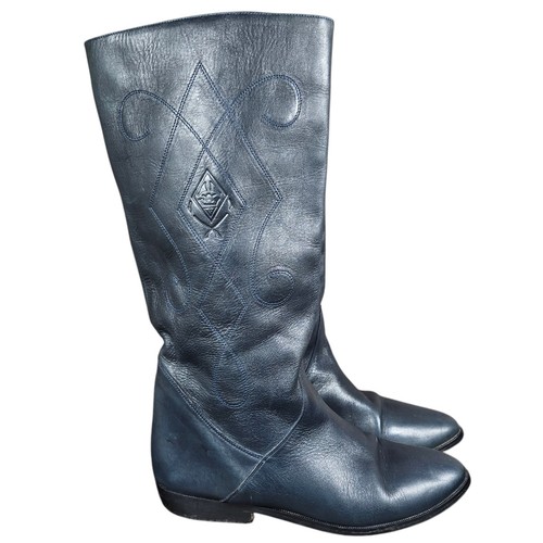 Vintage Via Milano Reitstiefel Damen 8 blau Leder bestickt Reitsport 80er