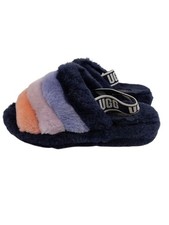 UGG Fluff Size 7 Yeah Black Purple Stripe Fuzzy Fleece Sheepskin Slide Slippers
