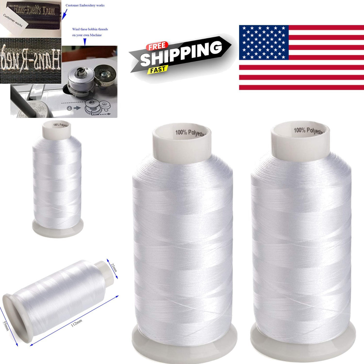 Two Large Spools White Bobbin Thread 60WT 5500 Yards Perfect