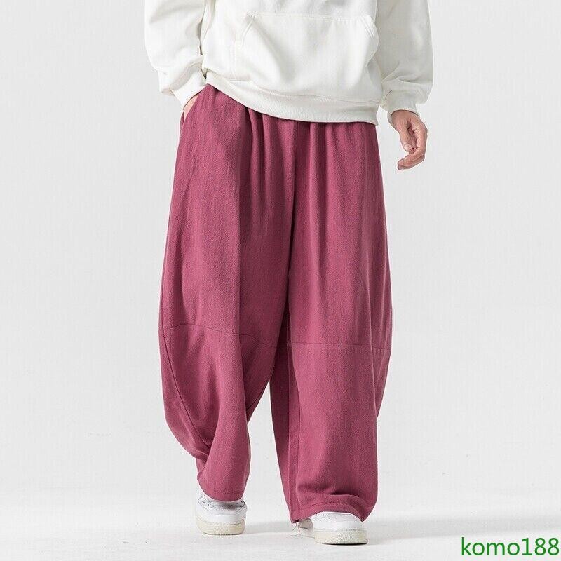 Men’s Chinese Cotton Linen Wide-Leg Harem Pants Casual Loose Fit