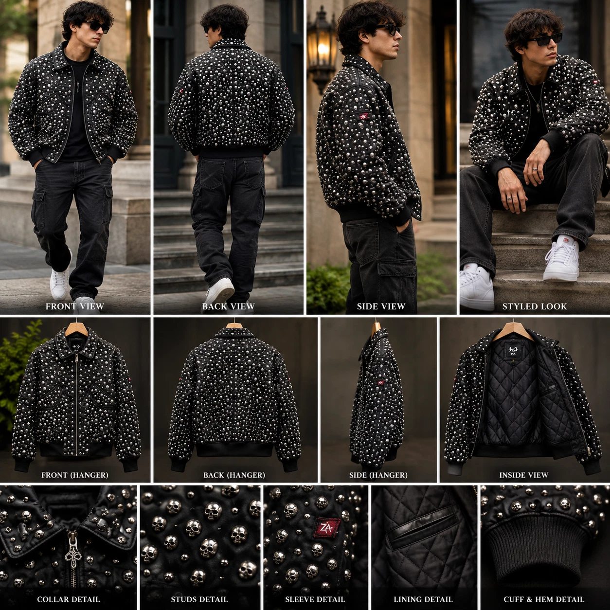 Men's Genuine Leather Studded Biker Jacket Punk Rock Motorcycle Black Jacket - product detail image 2